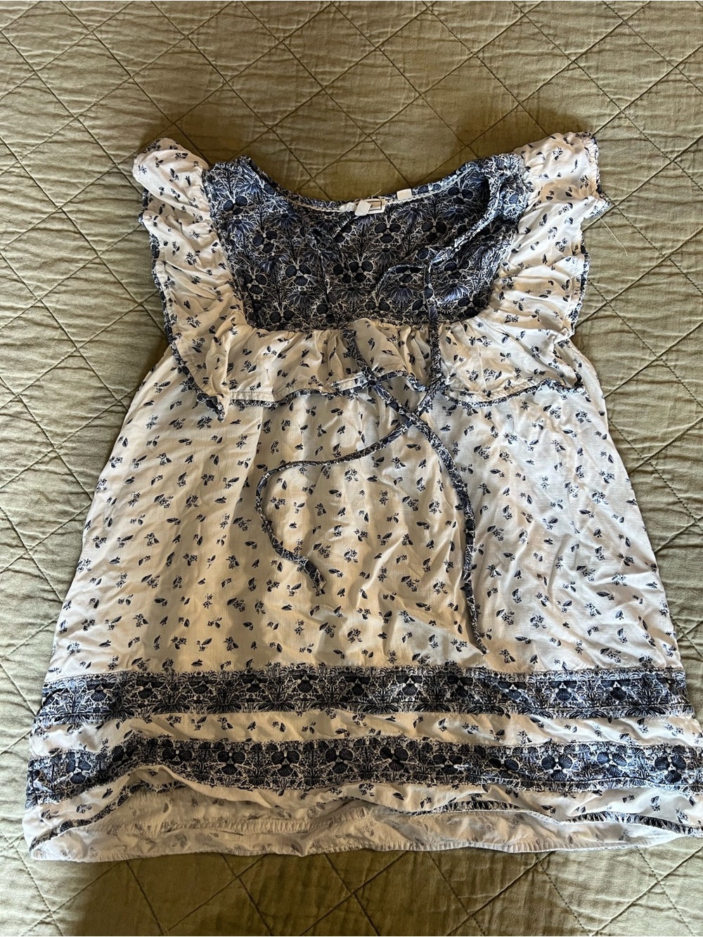 Fat Face White and Navy Floral Ruffle Blouse